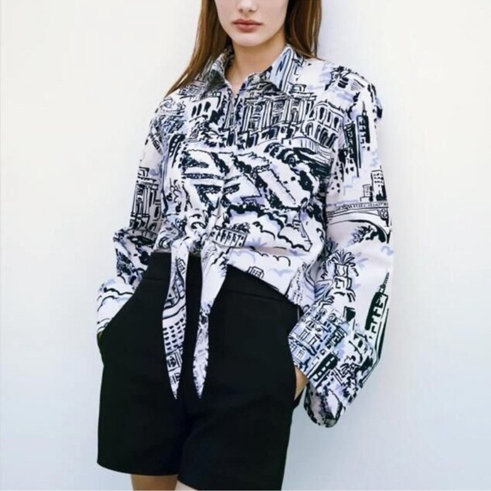 Zara printed shirt with tie knot
